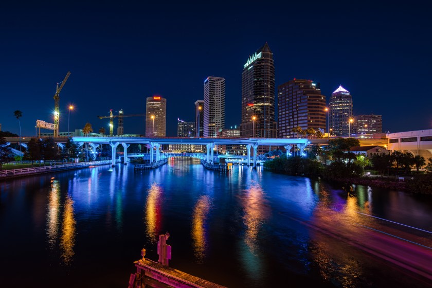 Nighttime long exposure photograph of the Tampa, Florida skyline viewed from the Platt Street Bridge over the Hillsborough River.